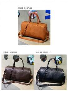 Crocodile Embossed Fashion Travel Bag Brown Chain Decor - Brown - View 1