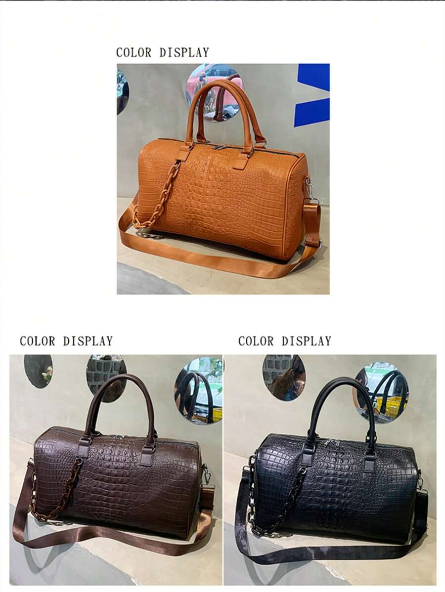 Crocodile Embossed Fashion Travel Bag Brown Chain Decor - Brown - View 1