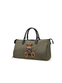 Large Travel Bag Cartoon Bear Decor With Shoes Compartment - Dark Green - View 2