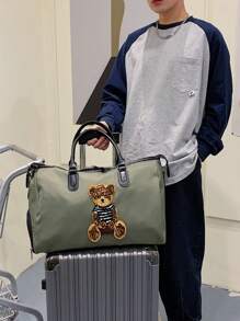 Large Travel Bag Cartoon Bear Decor With Shoes Compartment - Dark Green - View 3