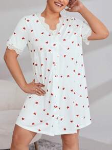 大碼愛心圖案蕾絲邊前紐扣睡裙 - 紅白色 - 查看 1