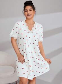 大碼愛心圖案蕾絲邊前紐扣睡裙 - 紅白色 - 查看 3
