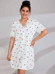 大碼愛心圖案蕾絲邊前紐扣睡裙 - 紅白色 - 查看 4