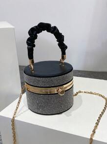Mini Bucket Bag Rhinestone Decor Ruched Handle - Black - View 1