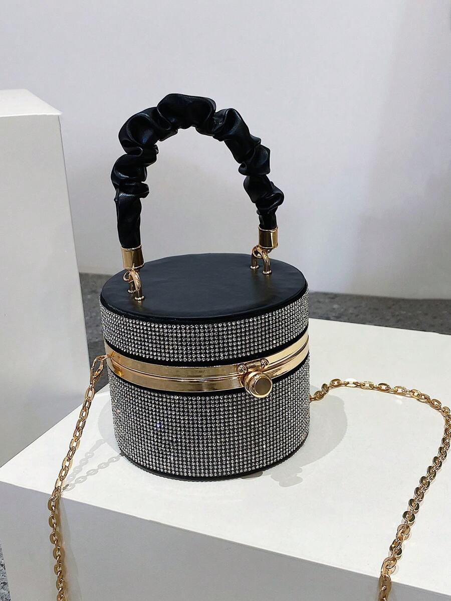 Mini Bucket Bag Rhinestone Decor Ruched Handle - Black - View 1