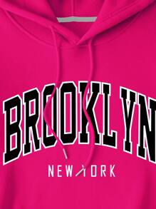 INAWLY Plus Size Letter Graphic Pocket Drawstring Thermal Lined Sweatshirt, For Winter Fall Cloth For Women Autumn - Hot Pink - View 7