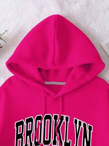 INAWLY Plus Size Letter Graphic Pocket Drawstring Thermal Lined Sweatshirt, For Winter Fall Cloth For Women Autumn - Hot Pink - View 8