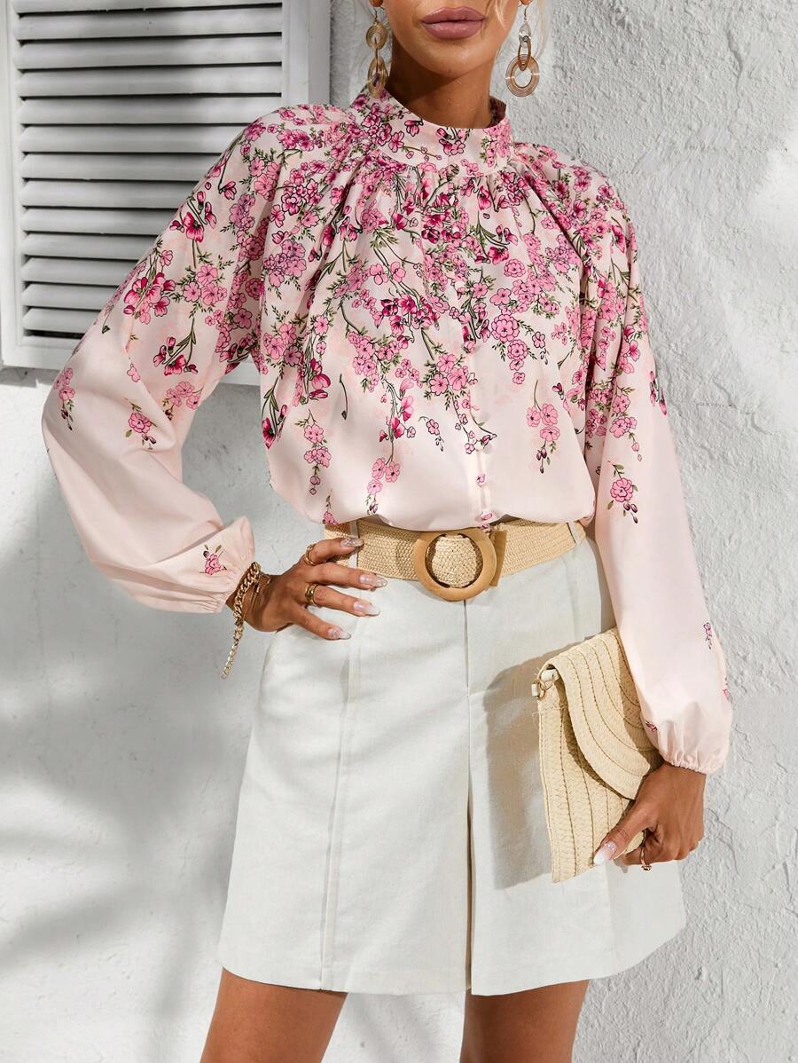 GENKIRA 印花小高領燈籠袖襯衫 - 粉色 - 查看 1