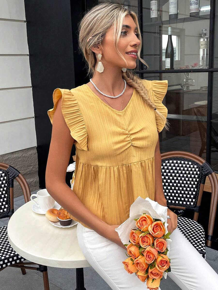 SHEIN Essnce Blusa ribete con fruncido pecho con fruncido - Amarillo - Ver 1