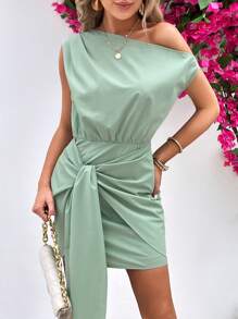 SHEIN Privé 不對稱領前打結連衣裙 - 薄荷綠 - 查看 3