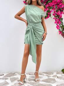 SHEIN Privé 不對稱領前打結連衣裙 - 薄荷綠 - 查看 6