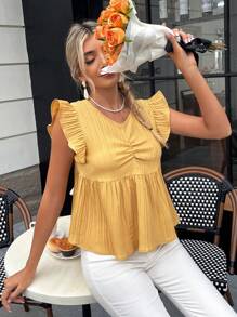 SHEIN Essnce Blusa ribete con fruncido pecho con fruncido - Amarillo - Ver 4