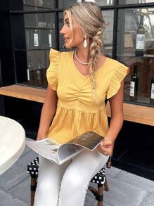 SHEIN Essnce Blusa ribete con fruncido pecho con fruncido - Amarillo - Ver 5