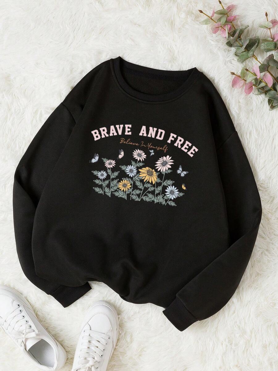 SHEIN EZwear Floral & Slogan Graphic Thermal Lined Sweatshirt - Black - View 1