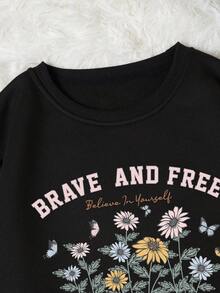 SHEIN EZwear Floral & Slogan Graphic Thermal Lined Sweatshirt - Black - View 6