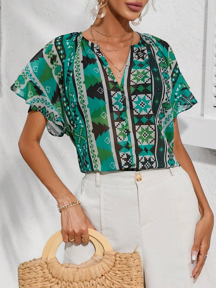 SHEIN LUNE Geo Print Notched Neck Batwing Sleeve Blouse - Multicolor - View 1