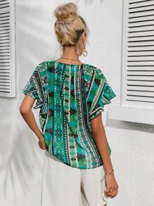 SHEIN LUNE Geo Print Notched Neck Batwing Sleeve Blouse - Multicolor - View 2