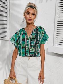 SHEIN LUNE Geo Print Notched Neck Batwing Sleeve Blouse - Multicolor - View 3