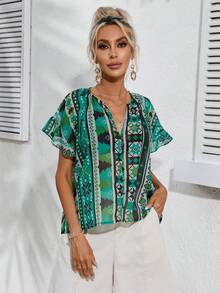 SHEIN LUNE Geo Print Notched Neck Batwing Sleeve Blouse - Multicolor - View 4