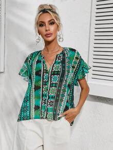 SHEIN LUNE Geo Print Notched Neck Batwing Sleeve Blouse - Multicolor - View 5
