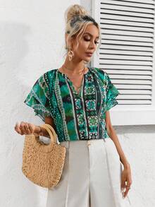 SHEIN LUNE Geo Print Notched Neck Batwing Sleeve Blouse - Multicolor - View 6