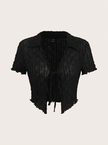 SHEIN EZwear Áo nữ Xù nhỏ Thắt nơ trước màu trơn Giải trí - màu đen - Xem 1