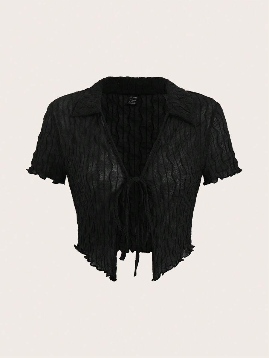 SHEIN EZwear Áo nữ Xù nhỏ Thắt nơ trước màu trơn Giải trí - màu đen - Xem 1