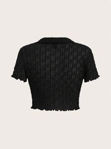 SHEIN EZwear Áo nữ Xù nhỏ Thắt nơ trước màu trơn Giải trí - màu đen - Xem 2