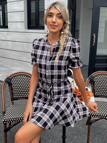 SHEIN Essnce Plaid Print Puff Sleeve Belted Dress - Multicolor - View 1