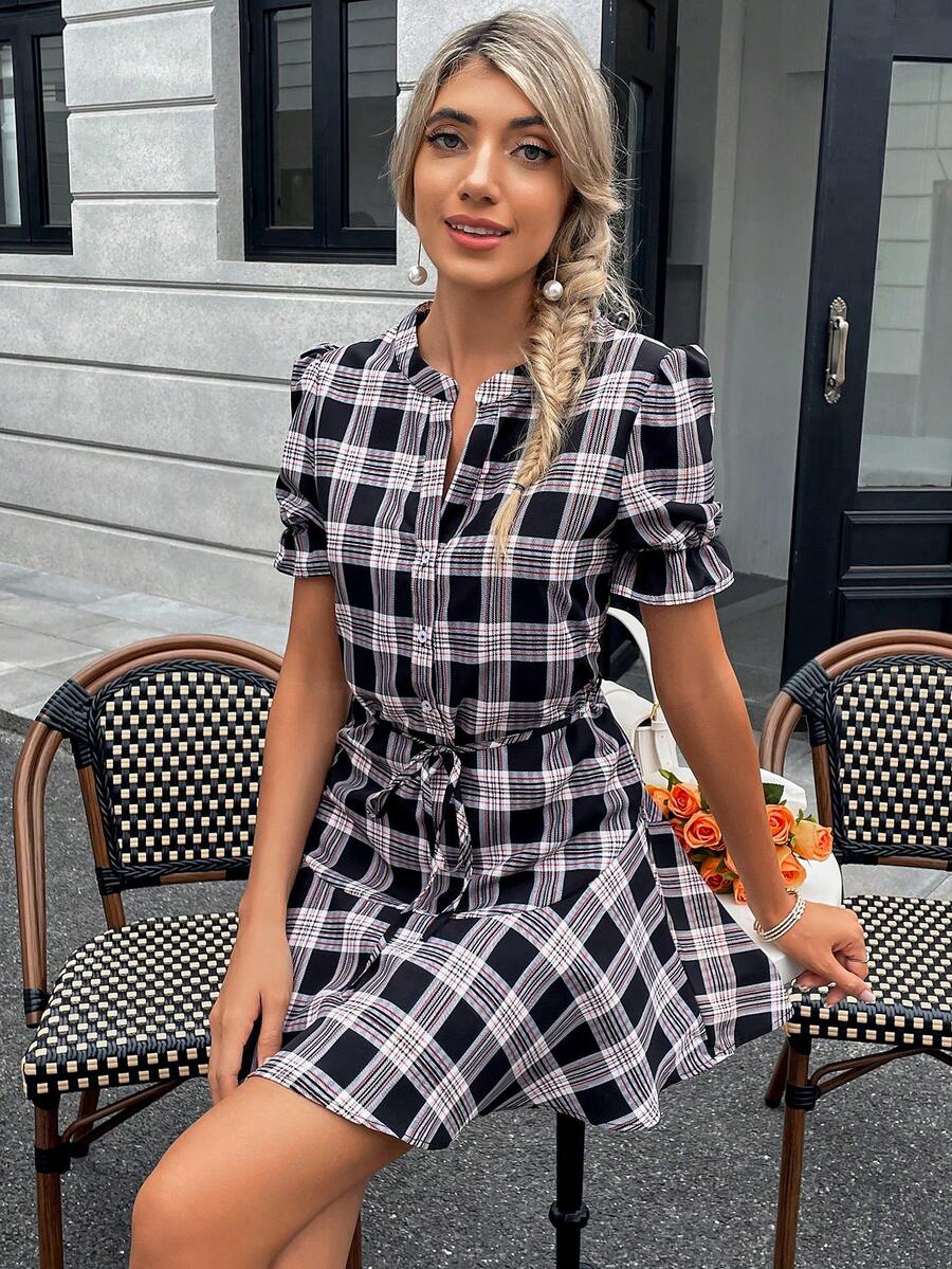 SHEIN Essnce Plaid Print Puff Sleeve Belted Dress - Multicolor - View 1