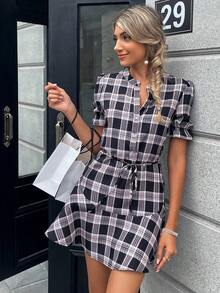 SHEIN Essnce Plaid Print Puff Sleeve Belted Dress - Multicolor - View 3