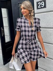 SHEIN Essnce Plaid Print Puff Sleeve Belted Dress - Multicolor - View 4