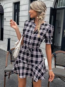 SHEIN Essnce Plaid Print Puff Sleeve Belted Dress - Multicolor - View 5