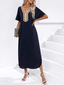 Aveloria Modichic Contrast Tape Dolman Sleeve Tunic Dress - Navy Blue - View 3