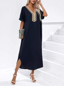 Aveloria Modichic Contrast Tape Dolman Sleeve Tunic Dress - Navy Blue - View 4