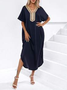 Aveloria Modichic Contrast Tape Dolman Sleeve Tunic Dress - Navy Blue - View 6