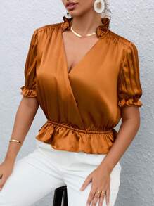 Aveloria Frill Trim Puff Sleeve Peplum Blouse - Ginger - View 1