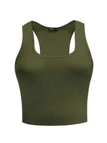 Calvaya Áo hai dây Plus Size màu trơn Giải trí - xanh quân đội - Xem 3