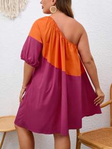 SHEIN VCAY 大碼雙色單肩泡泡袖洋裝 - 彩色 - 查看 2