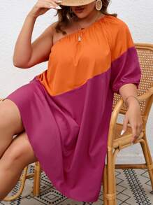 SHEIN VCAY 大碼雙色單肩泡泡袖洋裝 - 彩色 - 查看 5