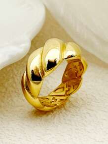 Mazuer 1pc 18K Gold Plated Vintage Style Double Water Drop Stainless Steel Ring, Unisex Casual Daily/Party/Gift - Yellow Gold - View 3