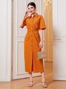 Mulvari Solid Button Front Shirt Dress - Orange - View 1