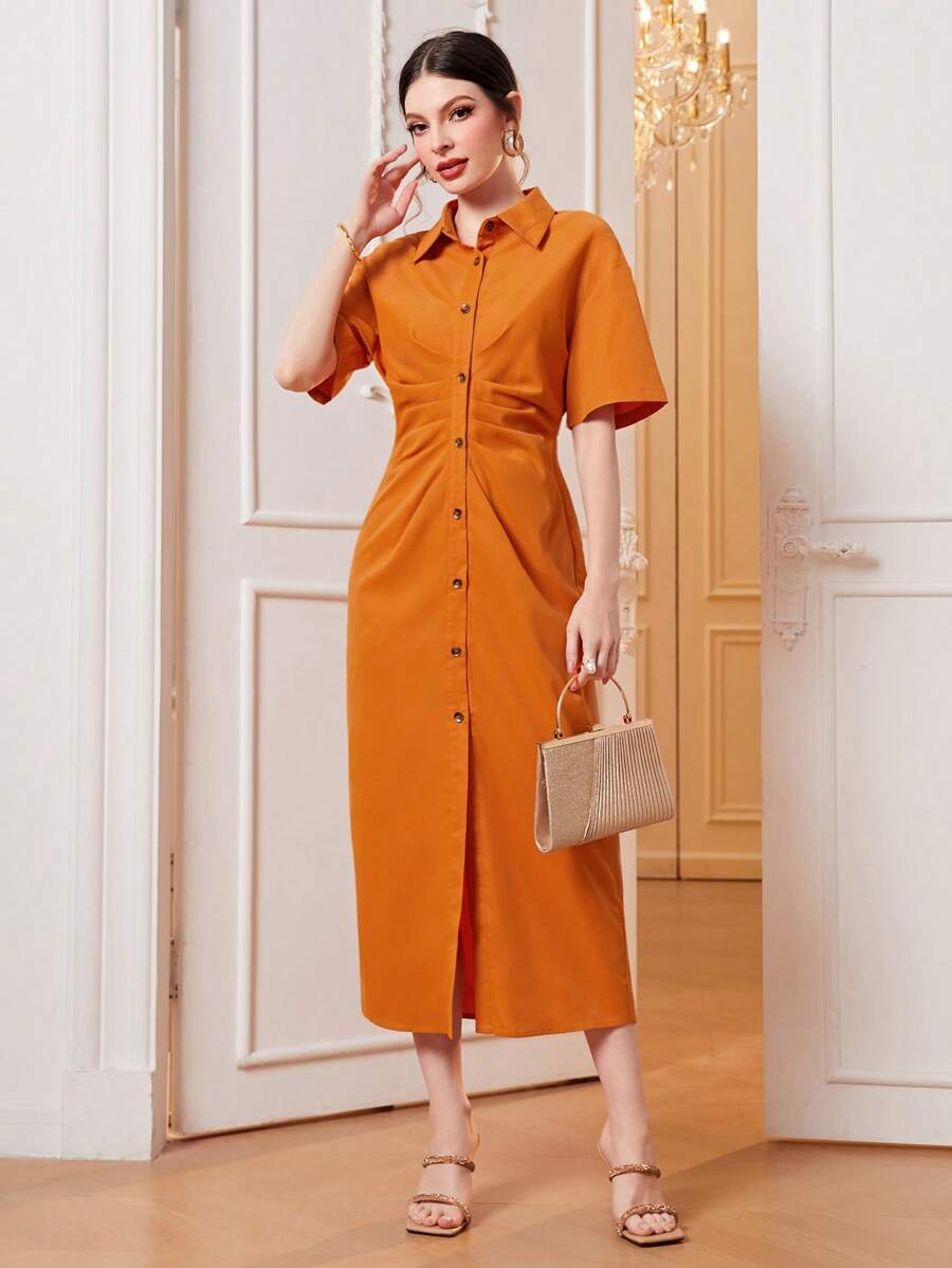 Mulvari Solid Button Front Shirt Dress - Orange - View 1