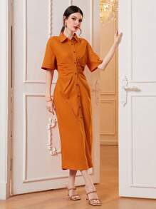 Mulvari Solid Button Front Shirt Dress - Orange - View 3