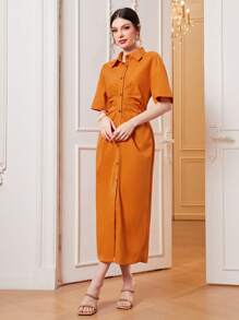 Mulvari Solid Button Front Shirt Dress - Orange - View 4