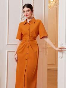 Mulvari Solid Button Front Shirt Dress - Orange - View 5