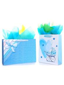 2pcs Baby Boy Baptism Gift Bags, With 8pcs Colored Wrapping Paper And Cardboard Material Bag, Suitable For New Parents - Baby Blue - View 1