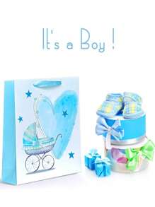 2pcs Baby Boy Baptism Gift Bags, With 8pcs Colored Wrapping Paper And Cardboard Material Bag, Suitable For New Parents - Baby Blue - View 3