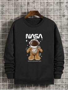 Men Astronaut And Letter Graphic Thermal Lined Sweatshirt - Black - View 1