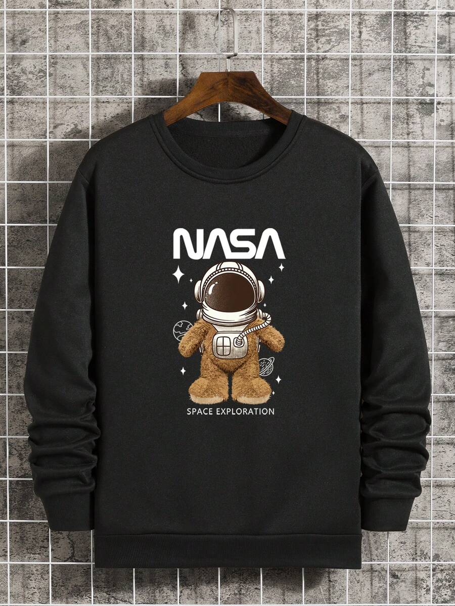 Men Astronaut And Letter Graphic Thermal Lined Sweatshirt - Black - View 1